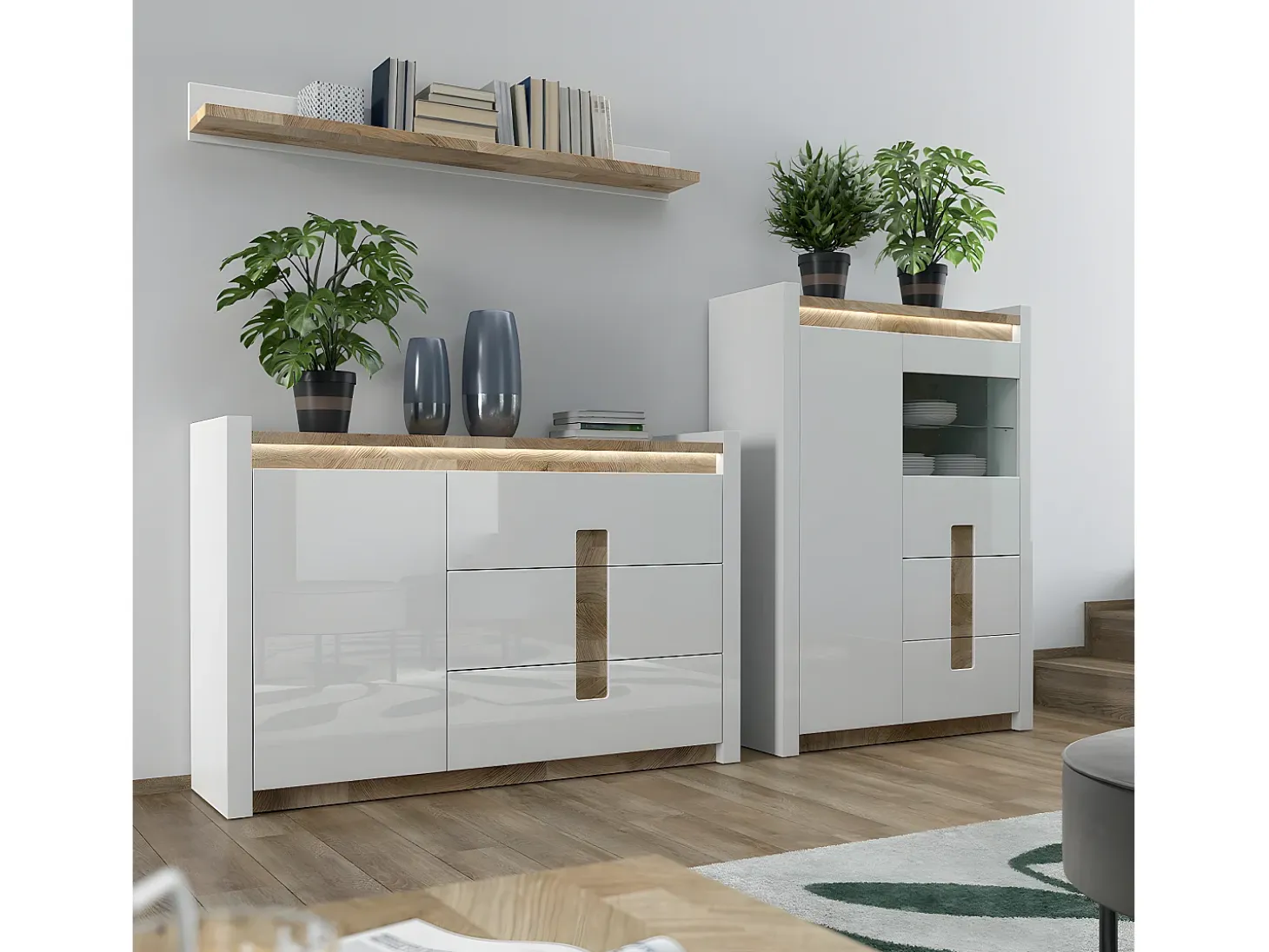 Vitrina 2 puertas 2 cajones con LED Helios Blanco lacado y Madera