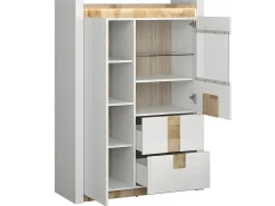 Vitrina 2 puertas 2 cajones con LED Helios Blanco lacado y Madera