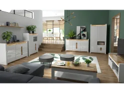 Vitrina 2 puertas 2 cajones con LED Helios Blanco lacado y Madera
