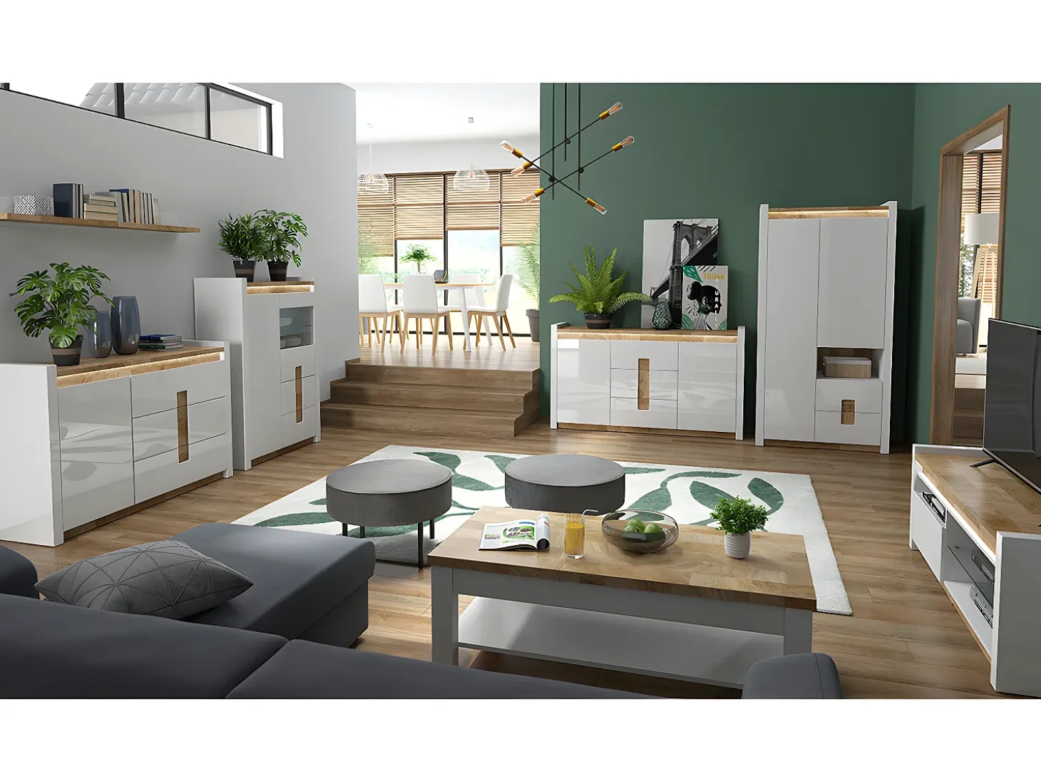 Vitrina 2 puertas 2 cajones con LED Helios Blanco lacado y Madera