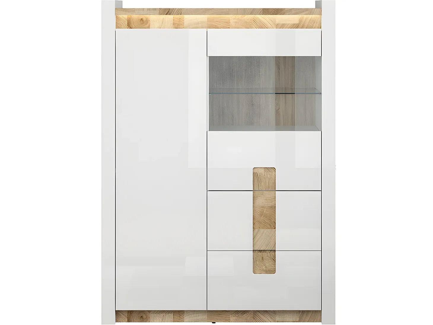 Vitrina 2 puertas 2 cajones con LED Helios Blanco lacado y Madera
