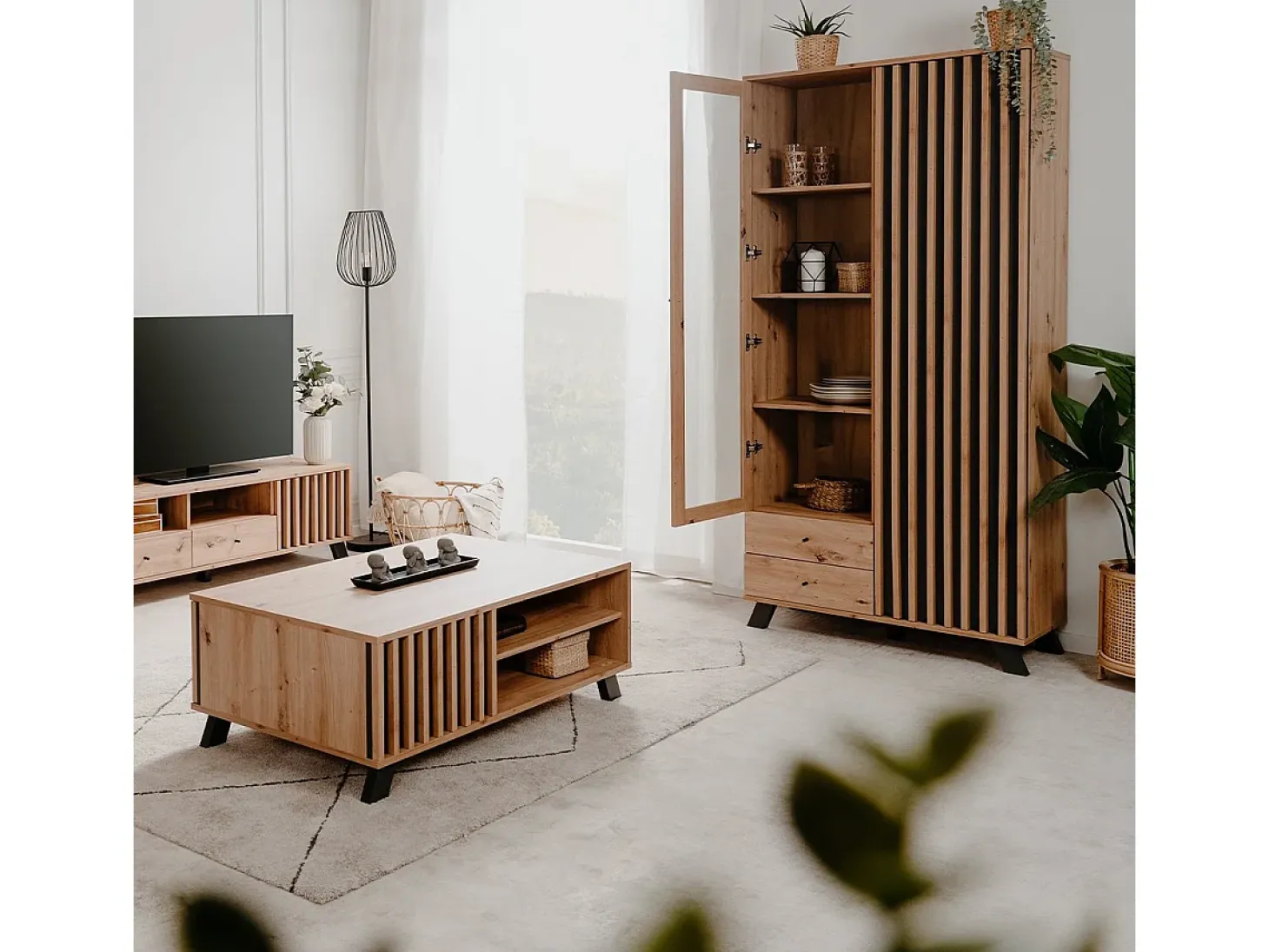 Vitrina 2 Puertas y 2 Cajones Decoración Roble L92 cm - Lublin