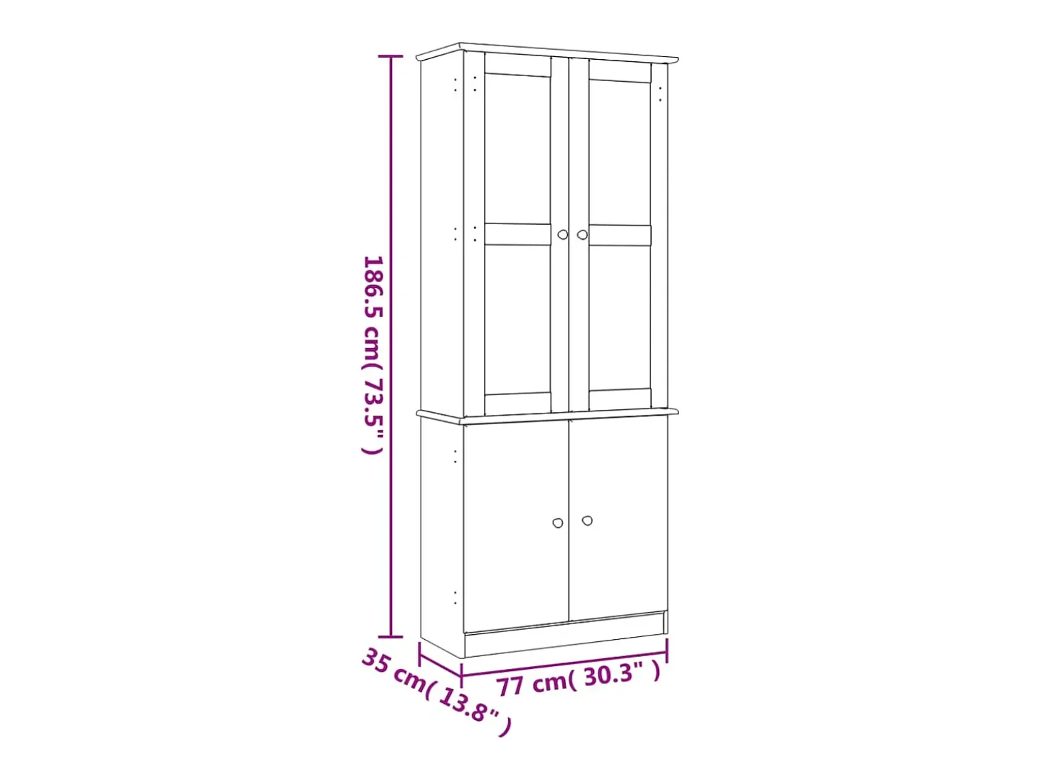 Vitrina ALTA de cristal blanco 77x35x186,5 cm madera maciza de pino