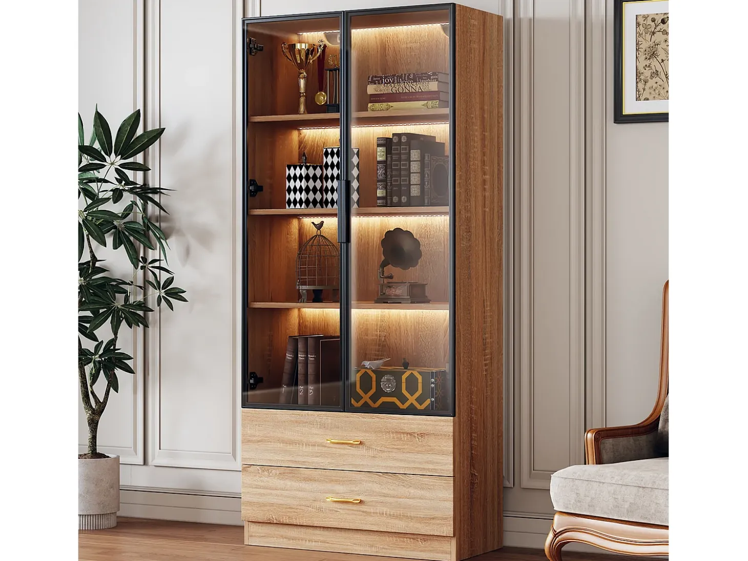 Vitrina, aparador alto con 2 cajones y 2 puertas de cristal - 75 X 34,5 X 170 cm - Madera MDF - Marrón