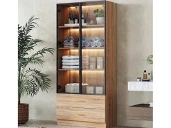 Vitrina, aparador alto con 2 cajones y 2 puertas de cristal - 75 X 34,5 X 170 cm - Madera MDF - Marrón