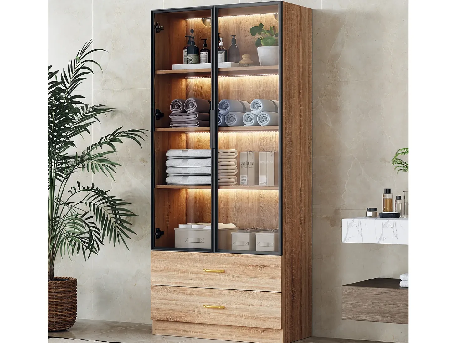 Vitrina, aparador alto con 2 cajones y 2 puertas de cristal - 75 X 34,5 X 170 cm - Madera MDF - Marrón