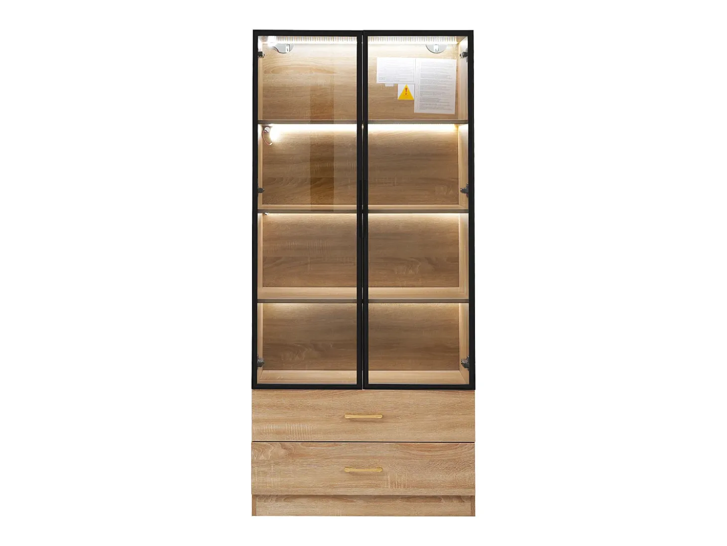 Vitrina, aparador alto con 2 cajones y 2 puertas de cristal - 75 X 34,5 X 170 cm - Madera MDF - Marrón