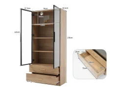 Vitrina, aparador alto con 2 cajones y 2 puertas de cristal - 75 X 34,5 X 170 cm - Madera MDF - Marrón