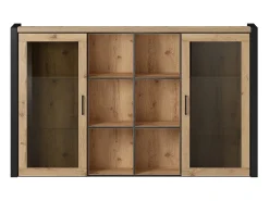 Vitrina con iluminación LED colección TIVORA. 2 puertas y 6 nichos centrales. Color roble y negro.
