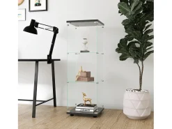 Vitrina de cristal con 3 estantes, 127 x 45 x 14 cm, vitrina de pie, vitrina para salón, color negro
