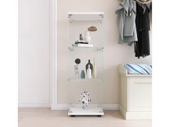 Vitrina de cristal con 3 estantes, 127 x 45 x 14 cm, vitrina de pie, vitrina para salón, color blanco