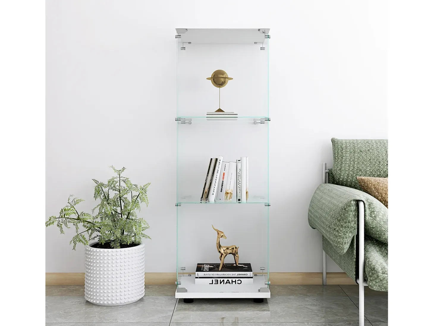 Vitrina de cristal con 3 estantes, 127 x 45 x 14 cm, vitrina de pie, vitrina para salón, color blanco