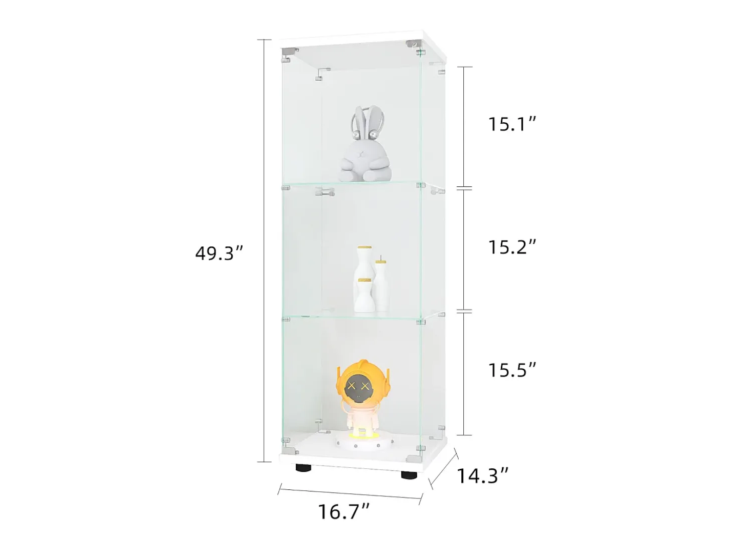 Vitrina de cristal con 3 estantes, 127 x 45 x 14 cm, vitrina de pie, vitrina para salón, color blanco