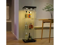 Vitrina de cristal con iluminación LED, 1 puerta y 3 compartimentos, 125 x 40 x 36 cm, color negro