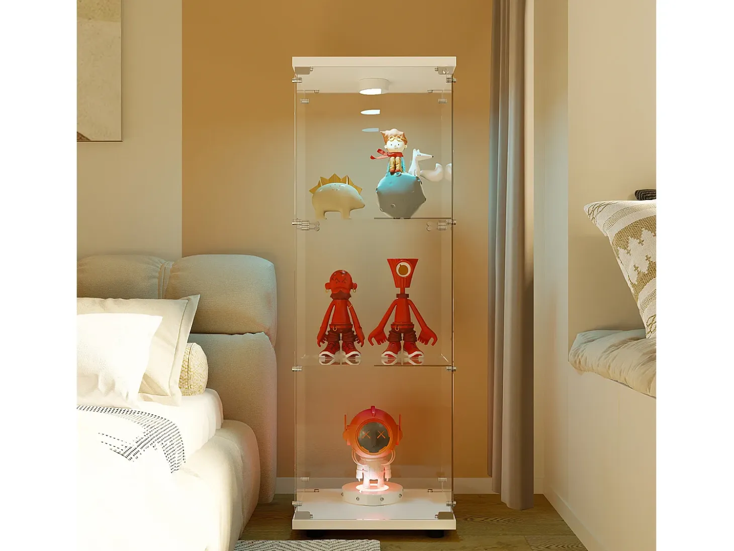 Vitrina de cristal con iluminación LED, 1 puerta y 3 compartimentos, 125 x 40 x 36 cm, Blanco