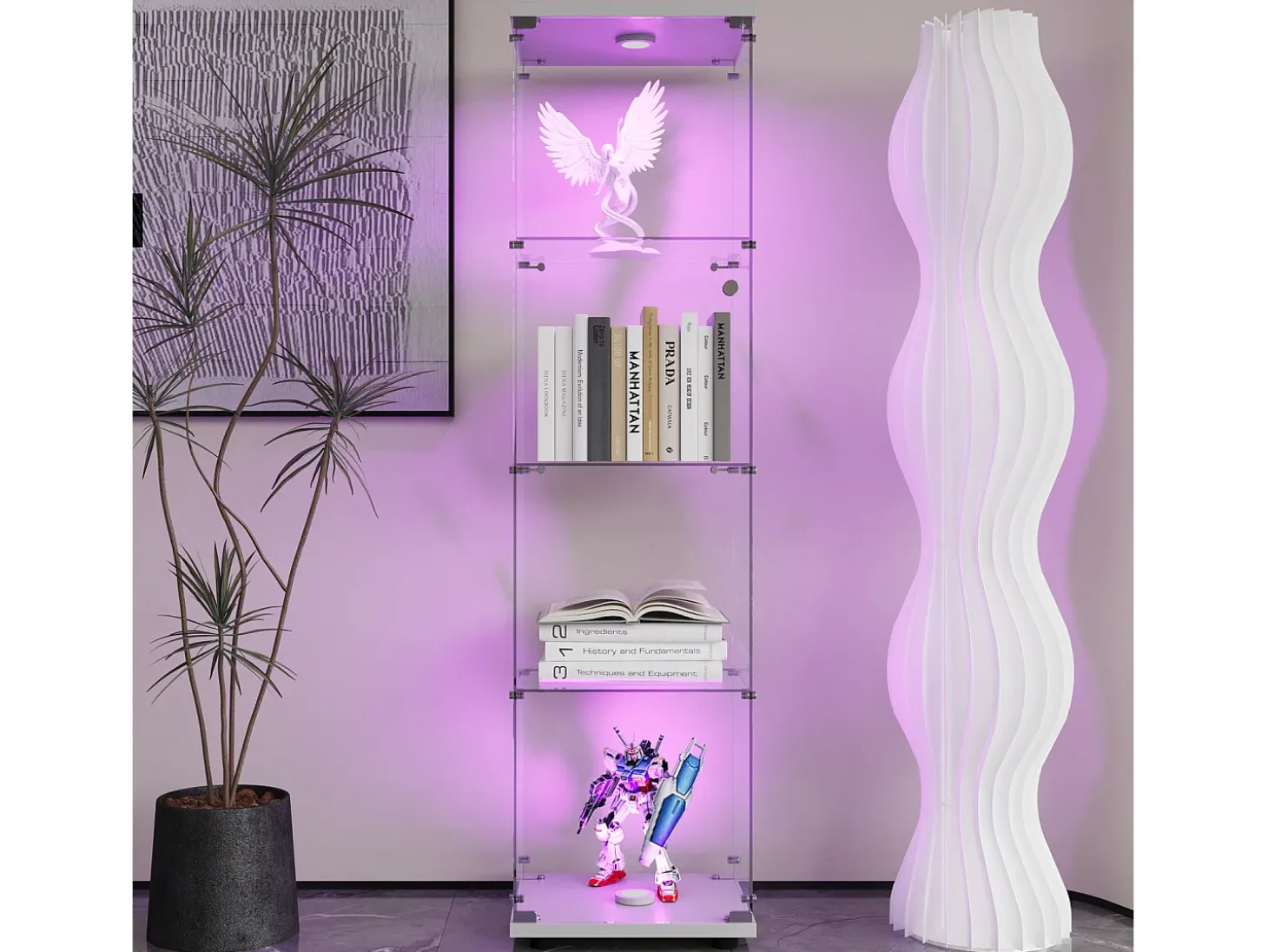 Vitrina de cristal de 4 capas con iluminación LED, vitrina para salón, vitrina de colección, color blanco