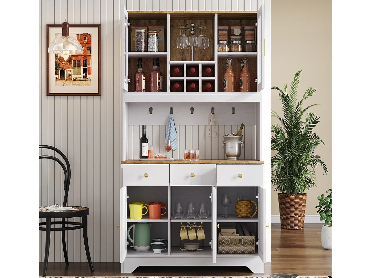 Vitrina 94.5x30x175.5 cm - 3 cajones y 5 puertas - superficie de aspecto madera - blanco