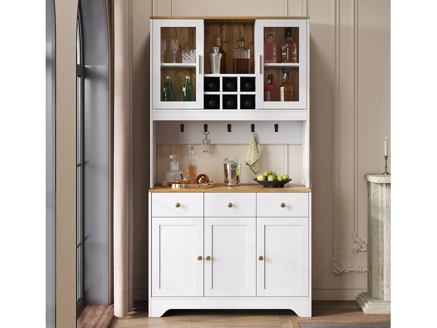 Vitrina 94.5x30x175.5 cm - 3 cajones y 5 puertas - superficie de aspecto madera - blanco