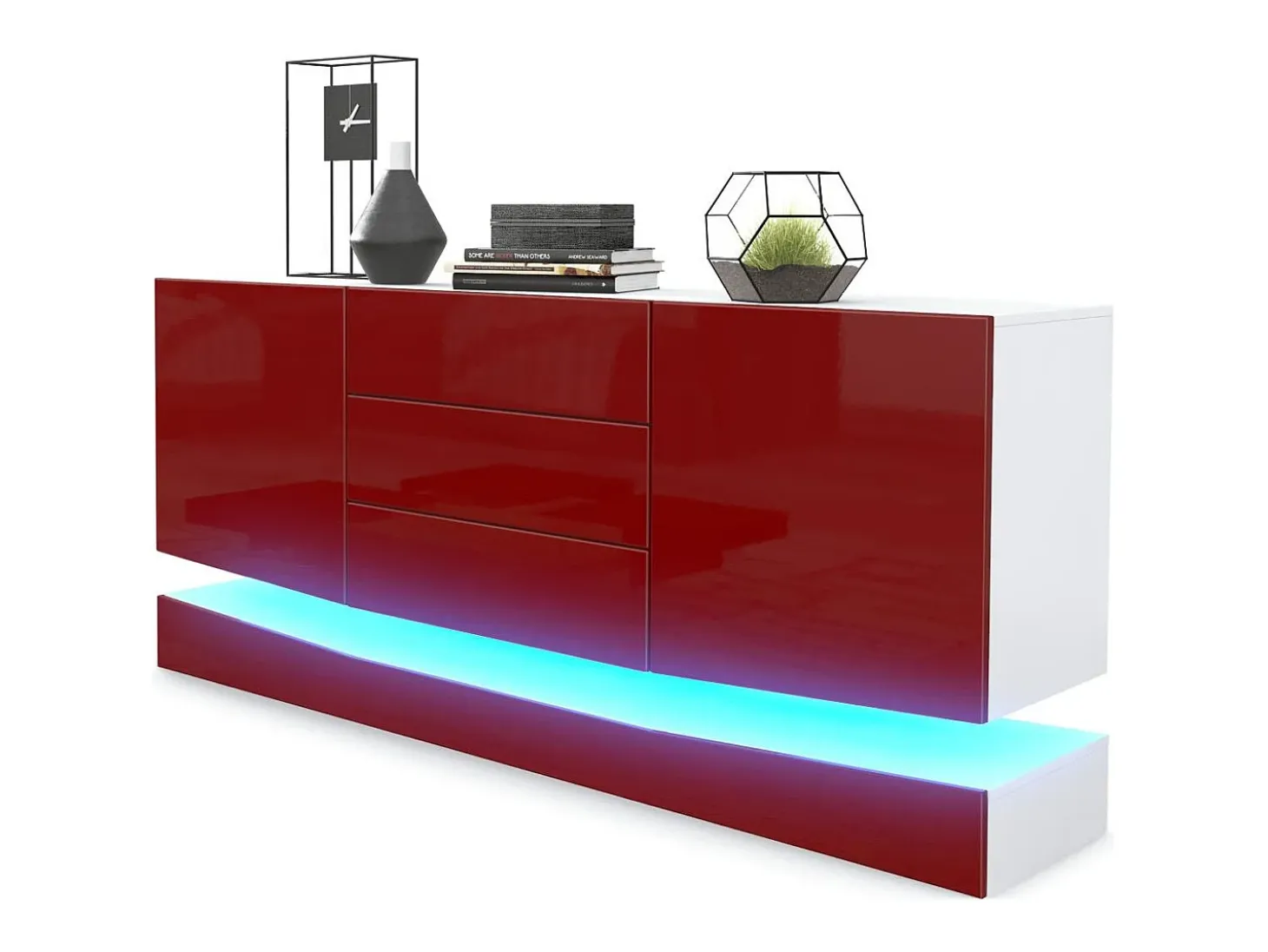 Vladon Aparador City, blanco mate/burdeos de alto brillo con LED - Cómoda moderna para su salón (178 x 72 x 38 cm)