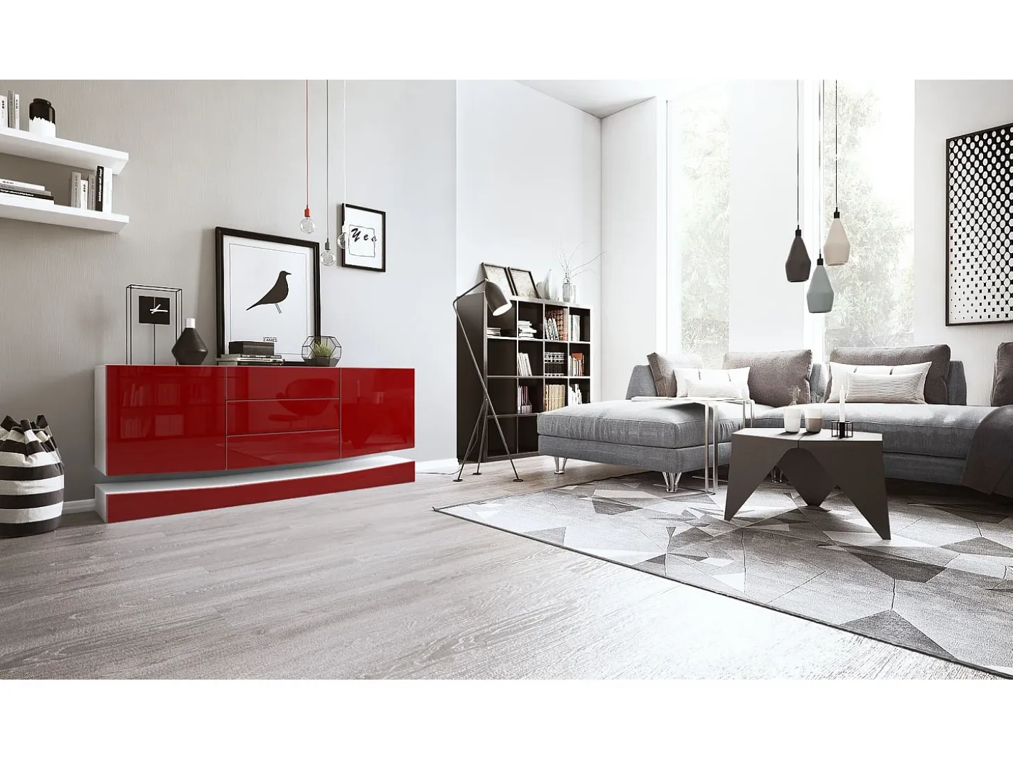 Vladon Aparador City, blanco mate/burdeos de alto brillo - Cómoda moderna para su salón (178 x 72 x 38 cm)