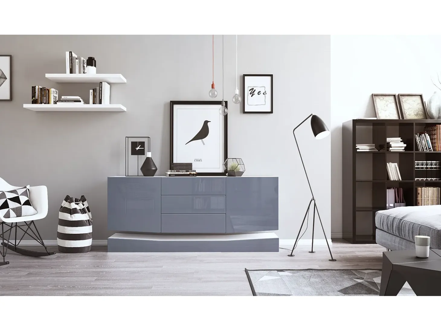 Vladon Aparador City, blanco mate/gris de alto brillo - Cómoda moderna para su salón (178 x 72 x 38 cm)