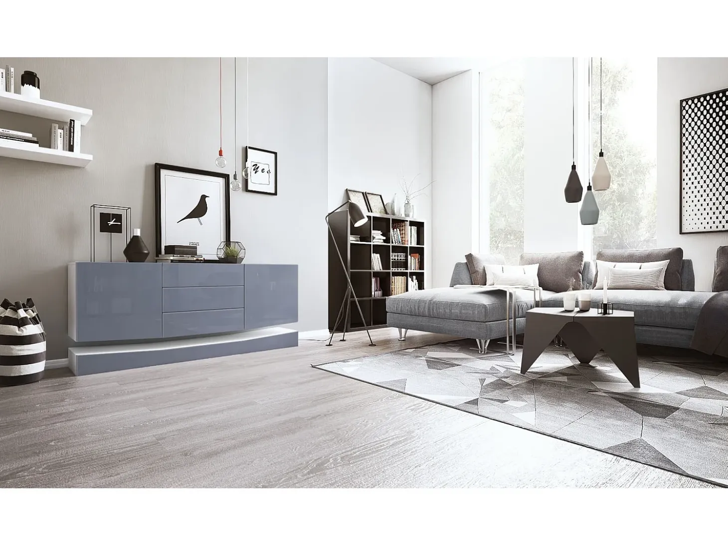 Vladon Aparador City, blanco mate/gris de alto brillo - Cómoda moderna para su salón (178 x 72 x 38 cm)