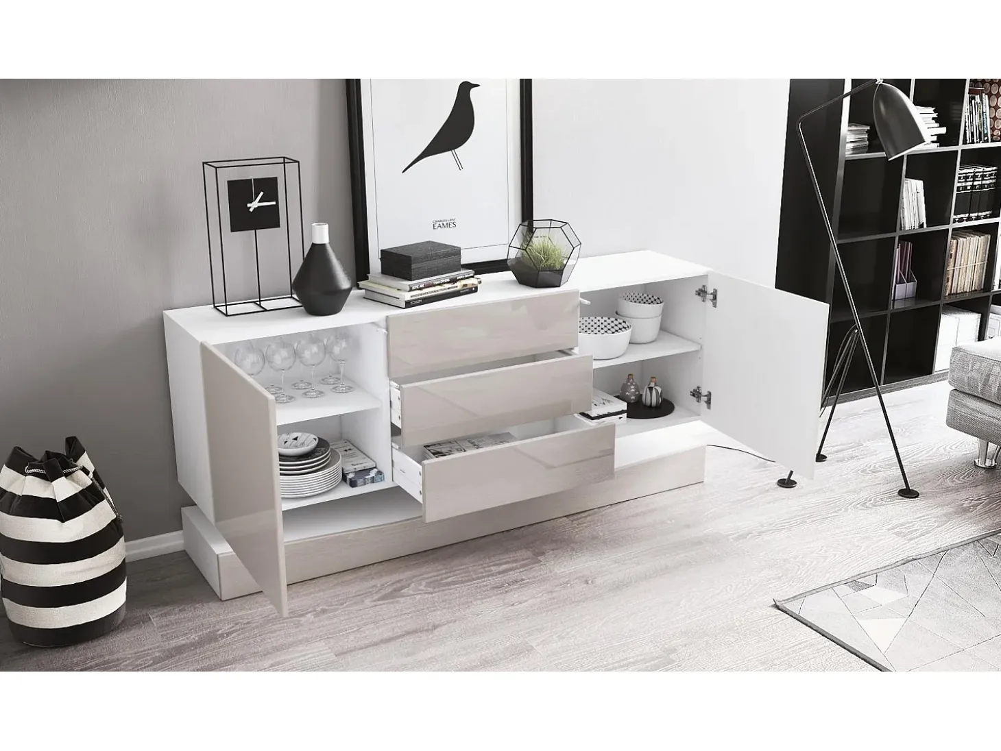 Vladon Aparador City, blanco mate/gris de alto brillo - Cómoda moderna para su salón (178 x 72 x 38 cm)