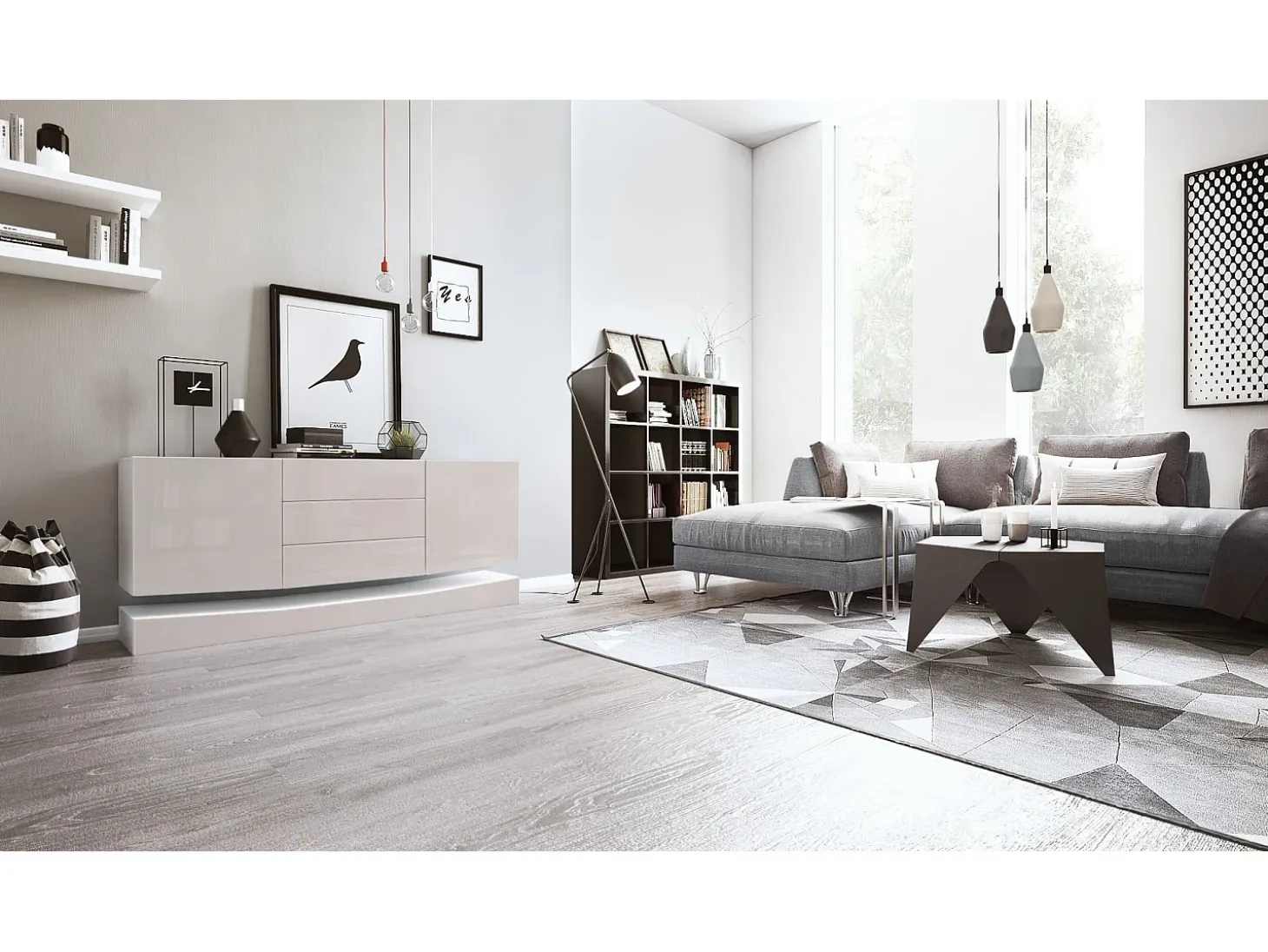 Vladon Aparador City, blanco mate/gris arena de alto brillo - Cómoda moderna para su salón (178 x 72 x 38 cm)