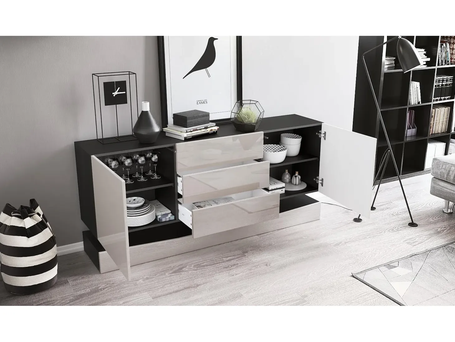 Vladon Aparador City, negro mate/gris arena de alto brillo - Cómoda moderna para su salón (178 x 72 x 38 cm)