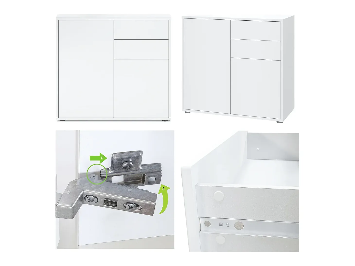Vladon Cajonera Ben, Cómoda con 2 Puertas y 2 Cajones Blanco mate/Negro mate (79 x 74 x 36 cm)