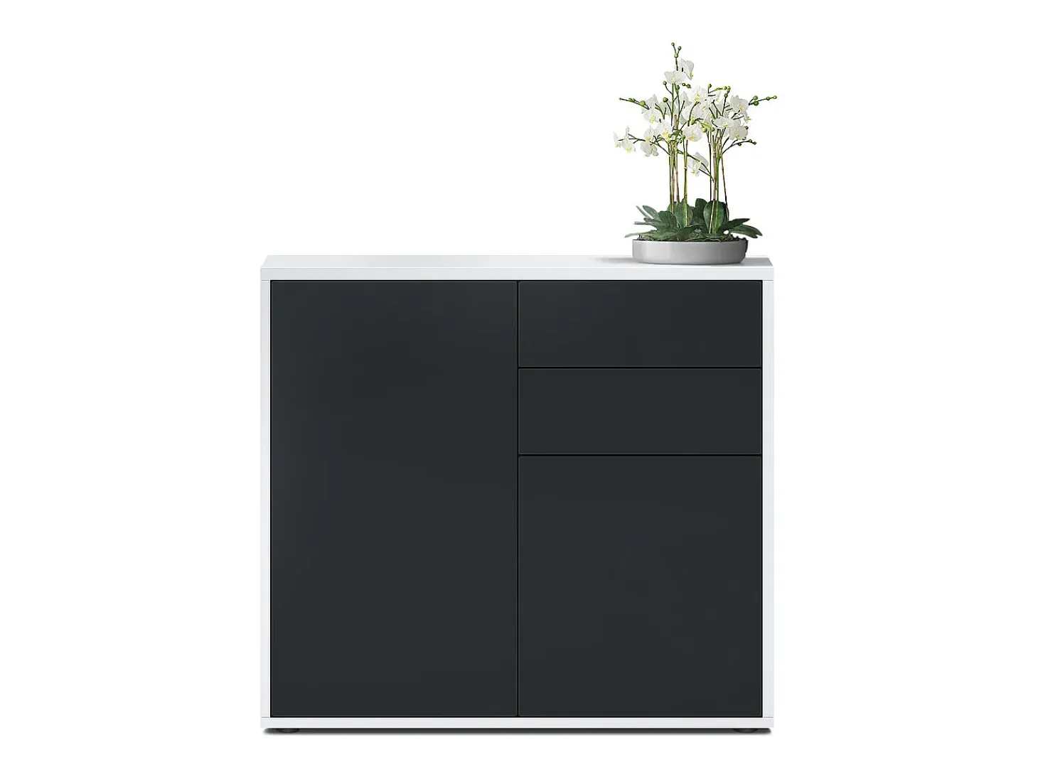 Vladon Cajonera Ben, Cómoda con 2 Puertas y 2 Cajones Blanco mate/Negro mate (79 x 74 x 36 cm)