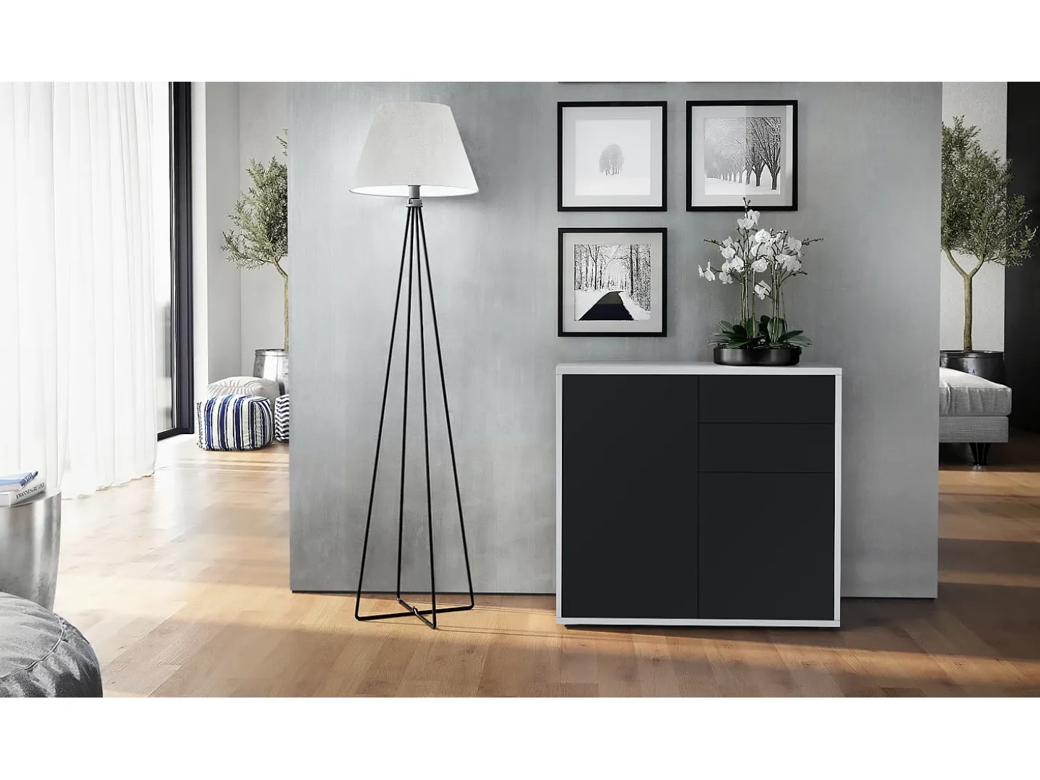 Vladon Cajonera Ben, Cómoda con 2 Puertas y 2 Cajones Blanco mate/Negro mate (79 x 74 x 36 cm)