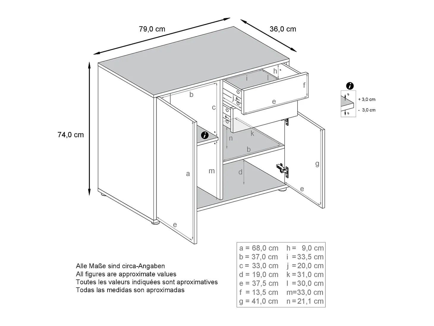 Vladon Cajonera Ben, Cómoda con 2 Puertas y 2 Cajones Blanco mate/Negro mate (79 x 74 x 36 cm)