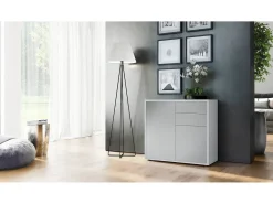 Vladon Cajonera Ben, Cómoda con 2 Puertas y 2 Cajones Blanco mate/Gris claro satinado (79 x 74 x 36 cm)