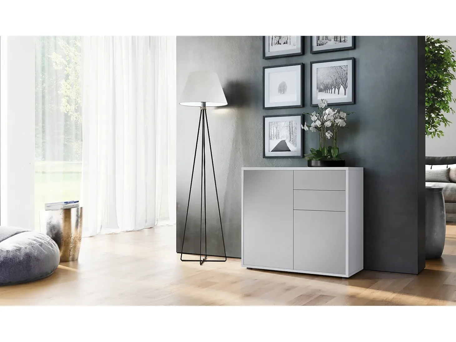 Vladon Cajonera Ben, Cómoda con 2 Puertas y 2 Cajones Blanco mate/Gris claro satinado (79 x 74 x 36 cm)