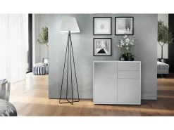 Vladon Cajonera Ben, Cómoda con 2 Puertas y 2 Cajones Blanco mate/Gris claro satinado (79 x 74 x 36 cm)