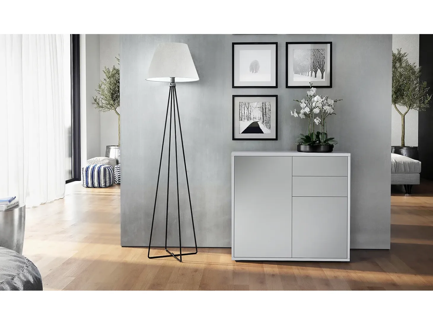Vladon Cajonera Ben, Cómoda con 2 Puertas y 2 Cajones Blanco mate/Gris claro satinado (79 x 74 x 36 cm)