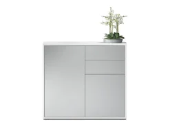 Vladon Cajonera Ben, Cómoda con 2 Puertas y 2 Cajones Blanco mate/Gris claro satinado (79 x 74 x 36 cm)