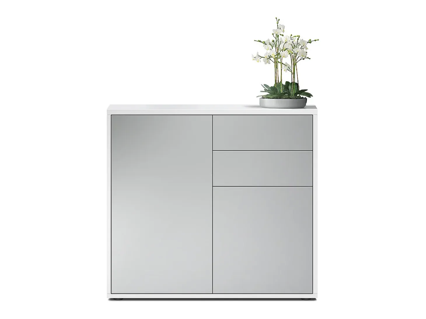 Vladon Cajonera Ben, Cómoda con 2 Puertas y 2 Cajones Blanco mate/Gris claro satinado (79 x 74 x 36 cm)