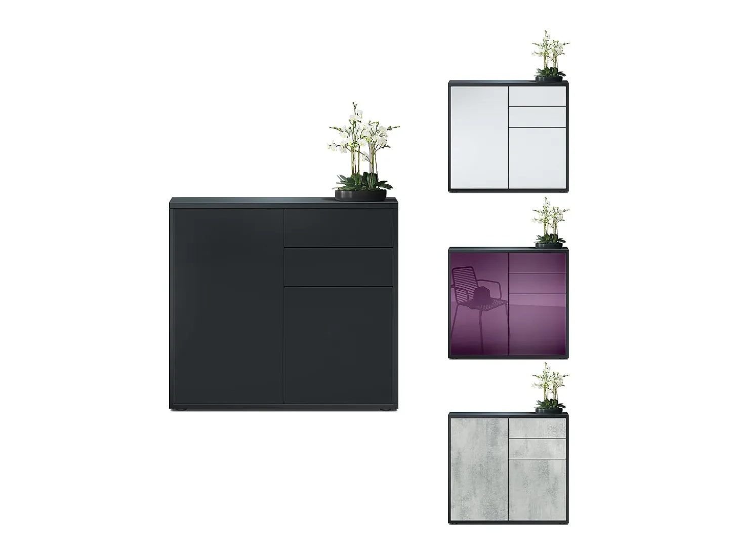 Vladon Cajonera Ben, Cómoda con 2 Puertas y 2 Cajones Negro mate/Gris de alto brillo (79 x 74 x 36 cm)