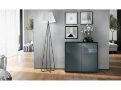 Vladon Cajonera Ben, Cómoda con 2 Puertas y 2 Cajones Negro mate/Gris de alto brillo (79 x 74 x 36 cm)