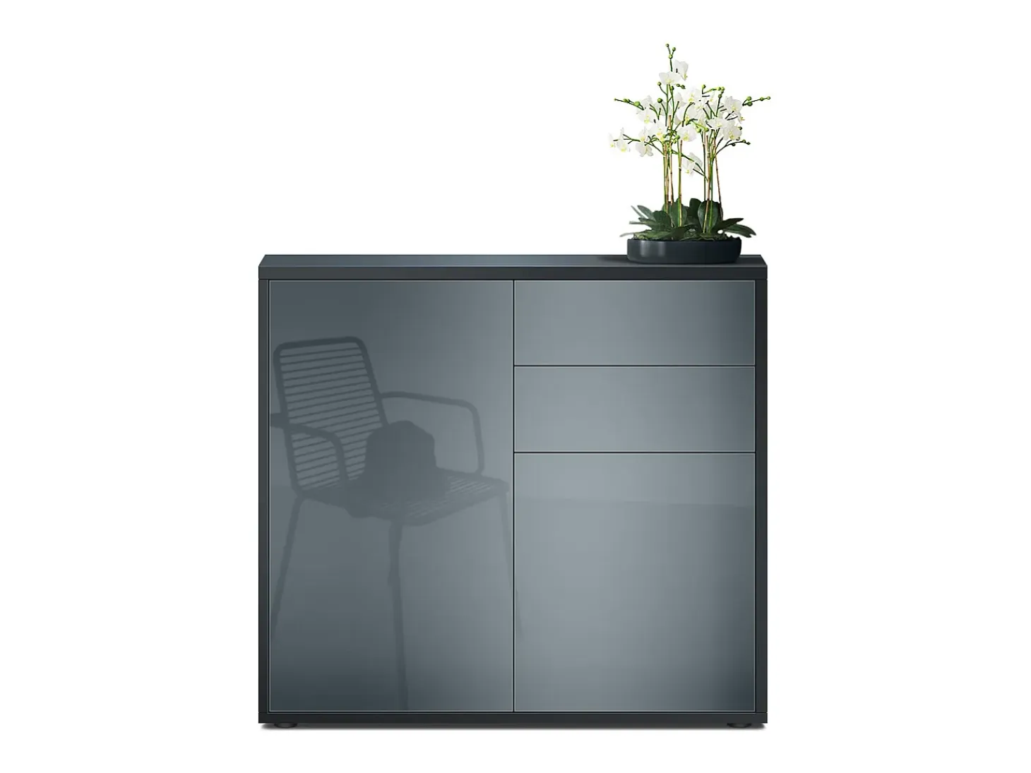 Vladon Cajonera Ben, Cómoda con 2 Puertas y 2 Cajones Negro mate/Gris de alto brillo (79 x 74 x 36 cm)