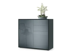 Vladon Cajonera Ben, Cómoda con 2 Puertas y 2 Cajones Negro mate/Gris de alto brillo (79 x 74 x 36 cm)