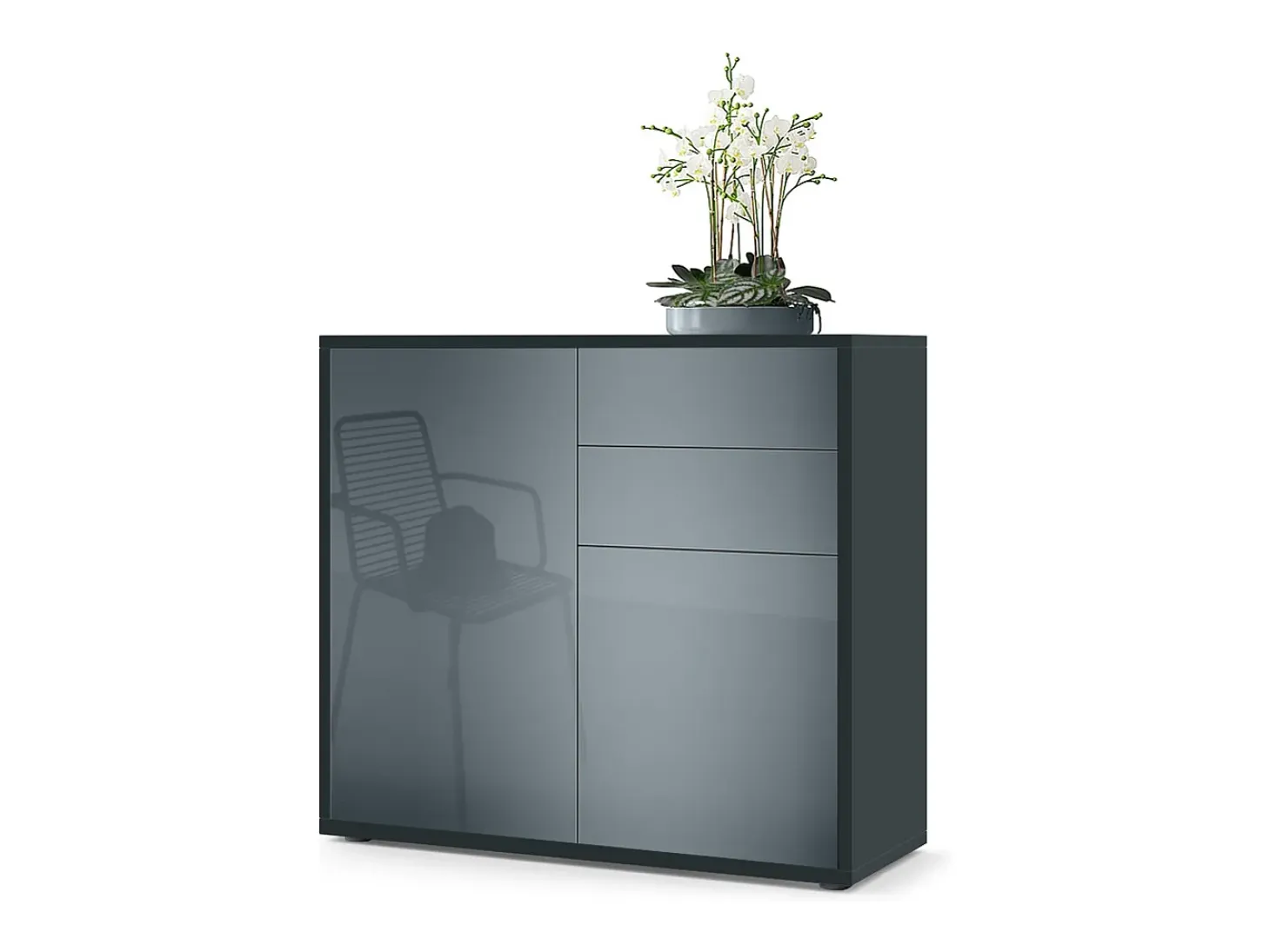 Vladon Cajonera Ben, Cómoda con 2 Puertas y 2 Cajones Negro mate/Gris de alto brillo (79 x 74 x 36 cm)