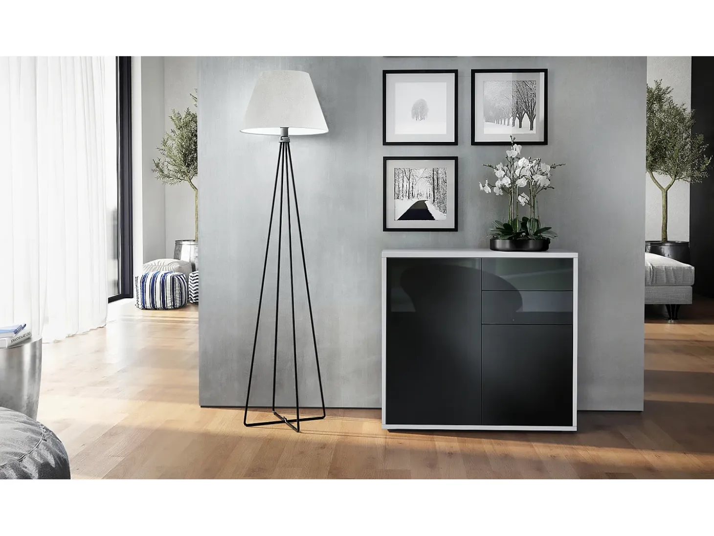 Vladon Cajonera Ben, Cómoda con 2 Puertas y 2 Cajones Blanco mate/Negro de alto brillo (79 x 74 x 36 cm)