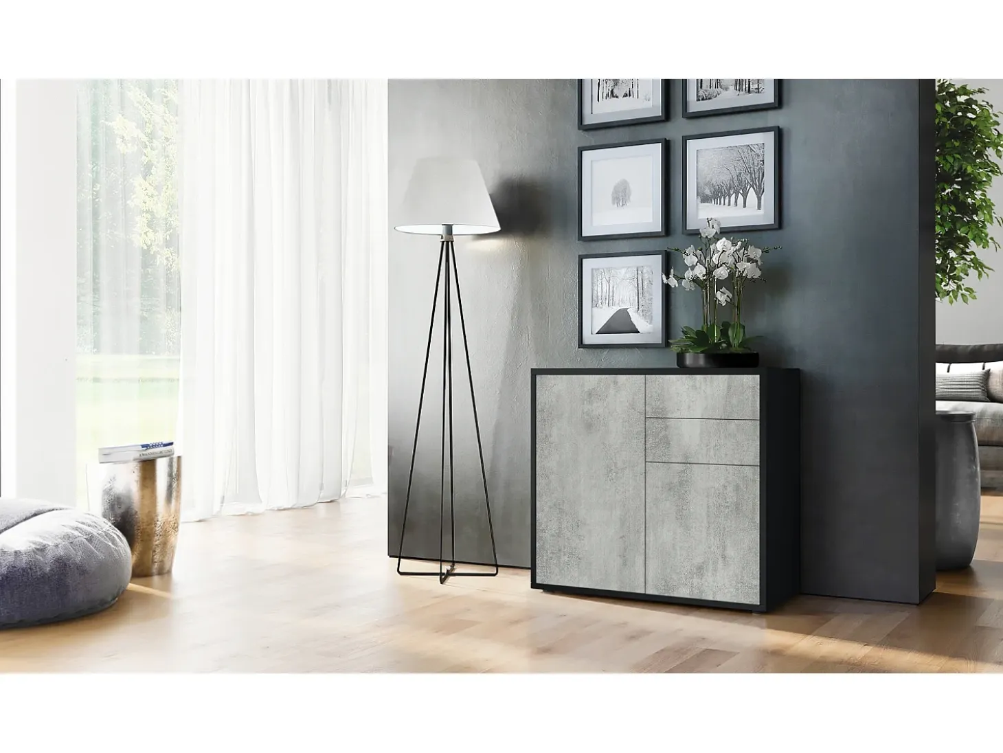 Vladon Cajonera Ben, Cómoda con 2 Puertas y 2 Cajones Negro mate/Hormigón oxidado (79 x 74 x 36 cm)