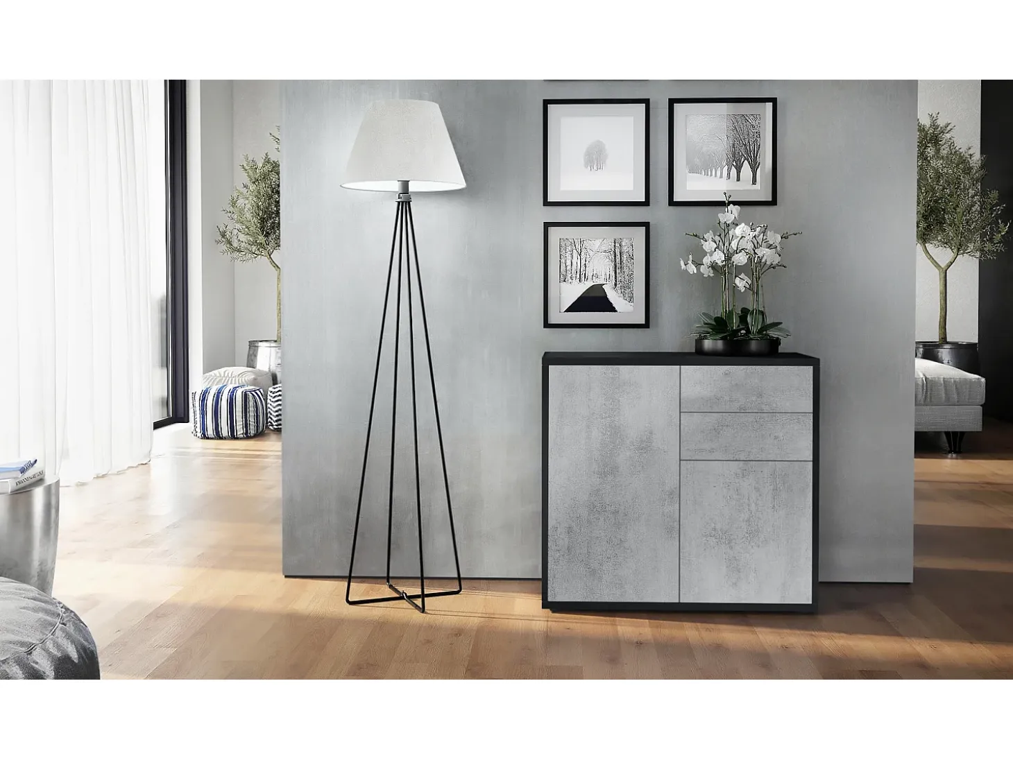 Vladon Cajonera Ben, Cómoda con 2 Puertas y 2 Cajones Negro mate/Hormigón oxidado (79 x 74 x 36 cm)