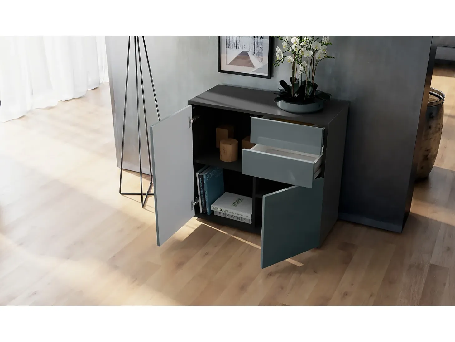 Vladon Cajonera Ben, Cómoda con 2 Puertas y 2 Cajones Negro mate/Hormigón oxidado (79 x 74 x 36 cm)