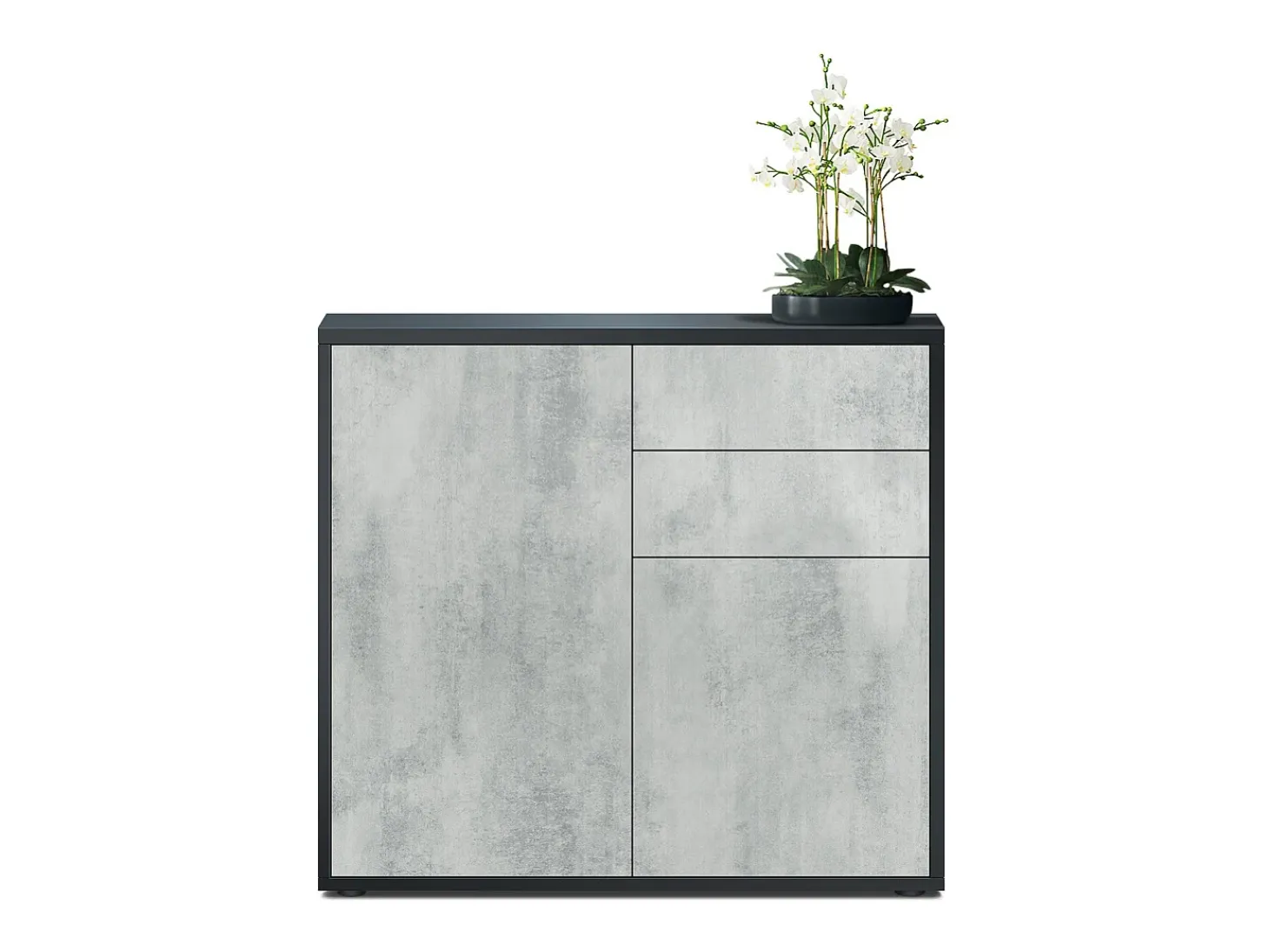 Vladon Cajonera Ben, Cómoda con 2 Puertas y 2 Cajones Negro mate/Hormigón oxidado (79 x 74 x 36 cm)