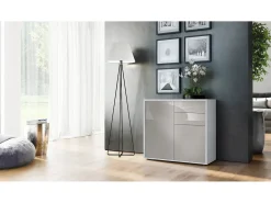 Vladon Cajonera Ben, Cómoda con 2 Puertas y 2 Cajones Blanco mate/Gris arena de alto brillo (79 x 74 x 36 cm)